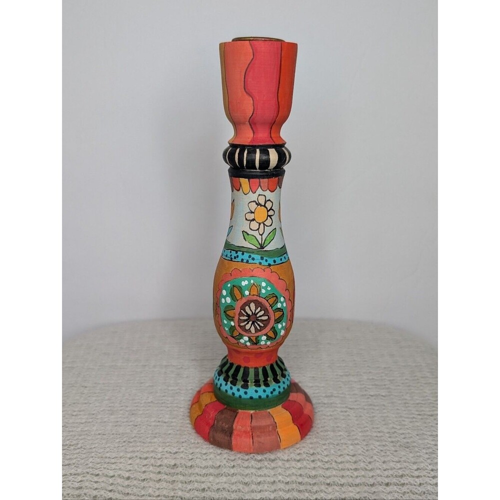 Hand-Painted Colorful Floral Wooden Candlestick